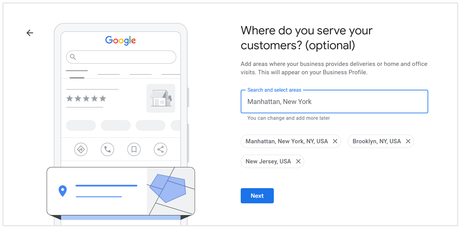 Choose customer service areas